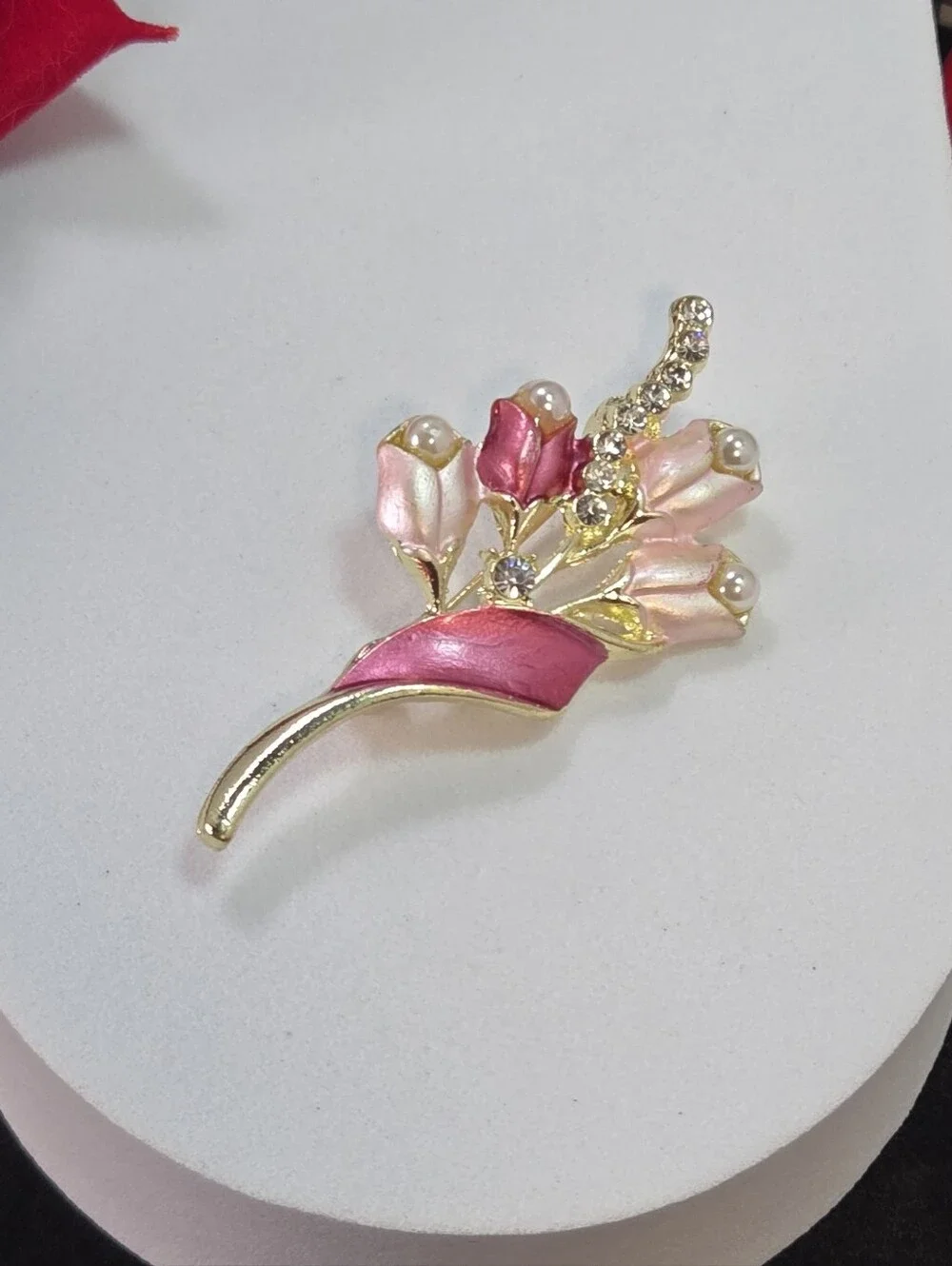 Pink Tulip Bouquet Brooch Pearl Crystal Gold Floral Coquette Pin Garden Chic